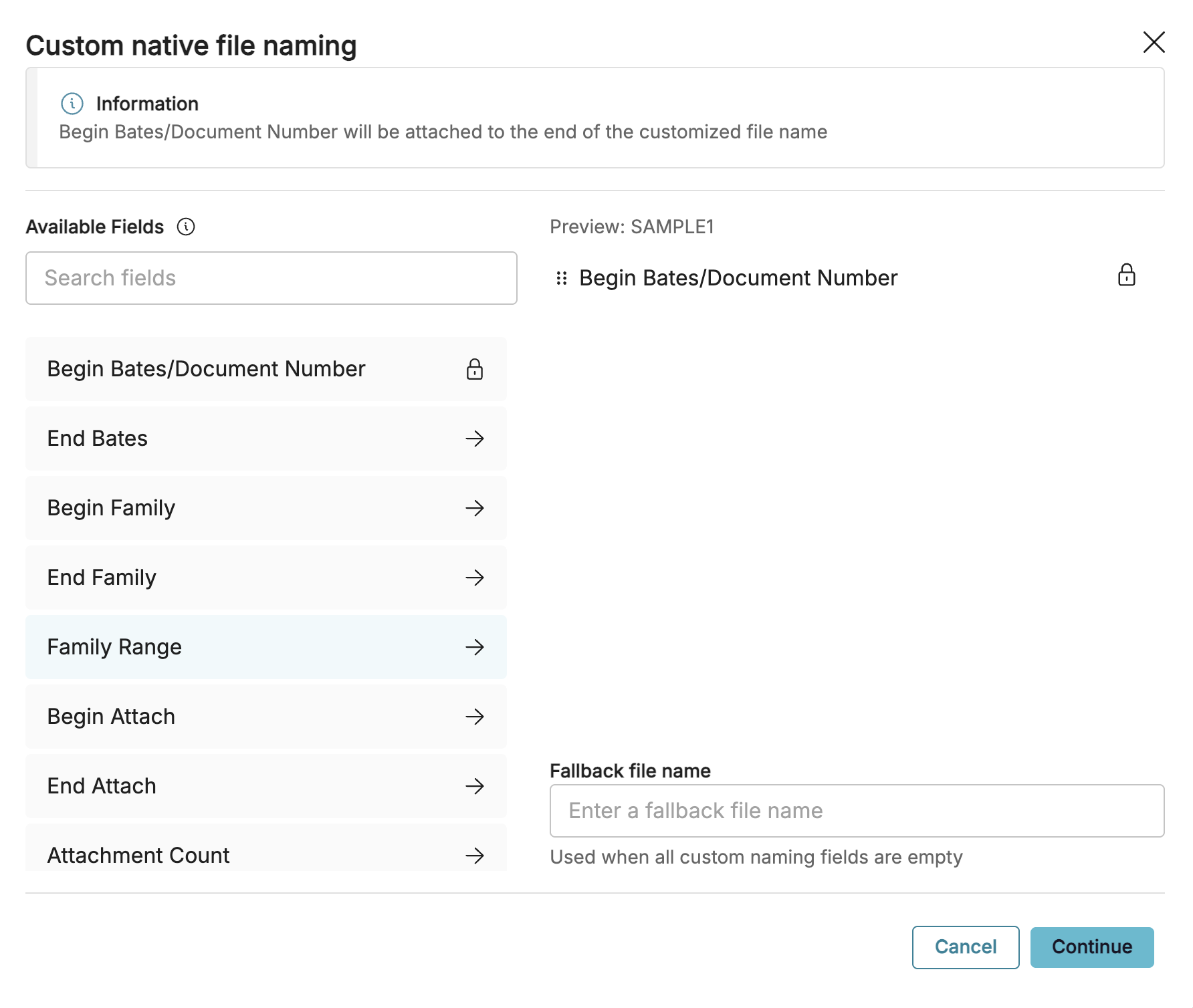 Custom file naming options for Bates numbering and document management are displayed.